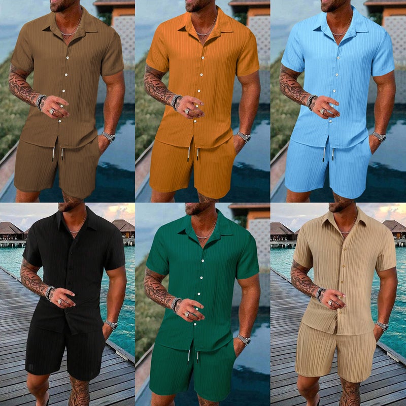 Summer Men'S Shirts Casual Loose Short-Sleeved Shorts Beach Suits Trendy Style - Image 2